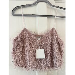 HAYDEN MAUVE Feather Fringe Cami Crop Top Womens Size M NWT